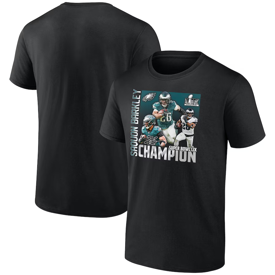 Men's Philadelphia Eagles Saquon Barkley Black 2025 Super Bowl LIX Champions T-Shirt Men's Philadelphia Eagles Saquon Barkley Black 2025 Super Bowl LIX Champions T-Shirt